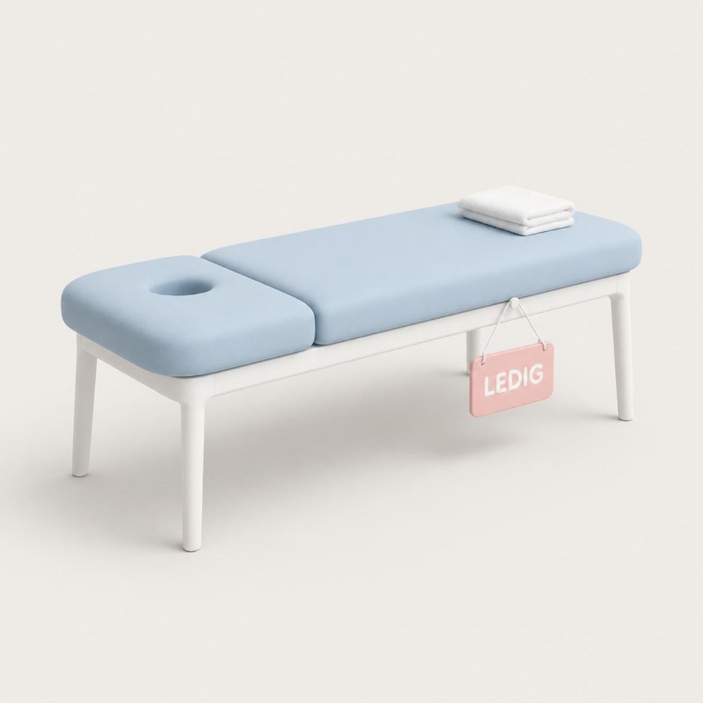3D-illustration af en lyseblå behandlingsbriks med et LEDIG-skilt