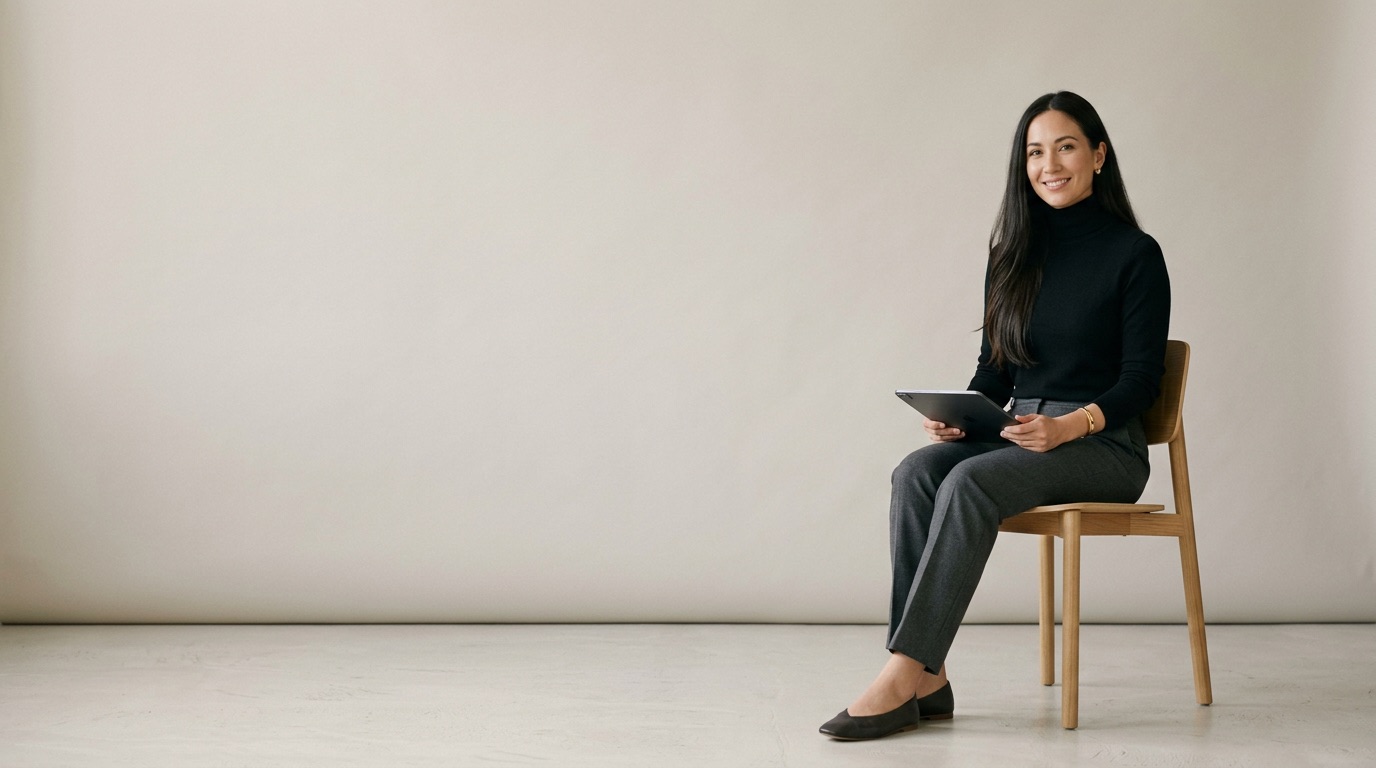 Klinikejer med en tablet i et lyst studie
