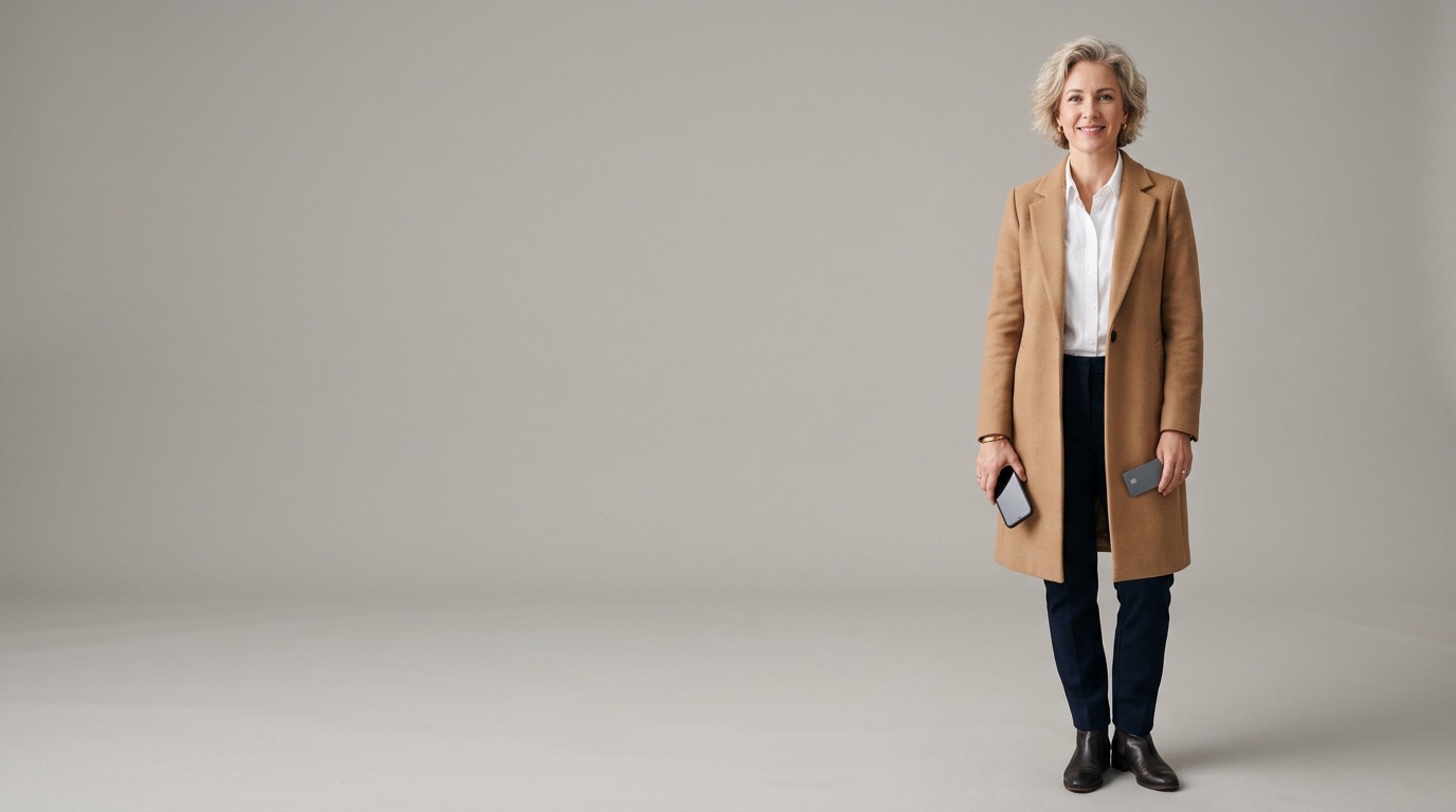 Kunde med telefon og betalingskort i et lyst studie
