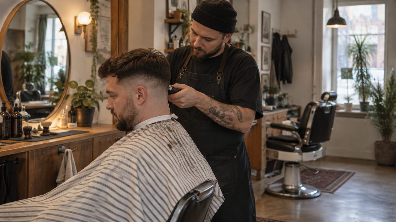 Barber laver en fade på en kunde i en lille barbershop, som ejeren har valgt at åbne selv