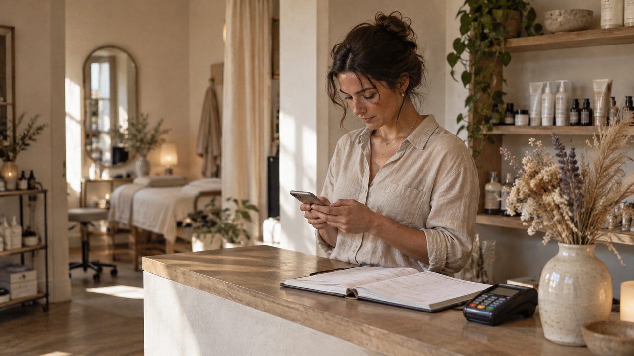 Saloneejer ved receptionen kigger på bookinger i et lille bookingsystem til små saloner