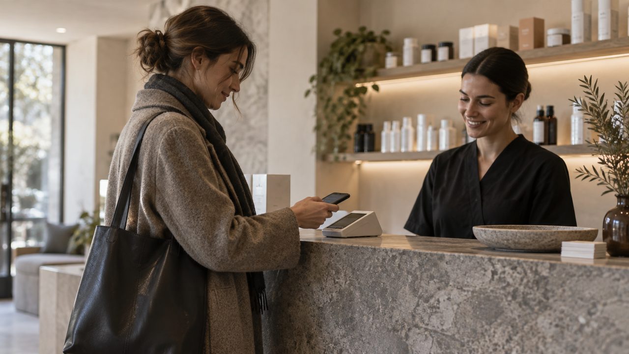 Kunde betaler med telefonen ved receptionen i en hudklinik, hvor hun kan vælge delbetaling