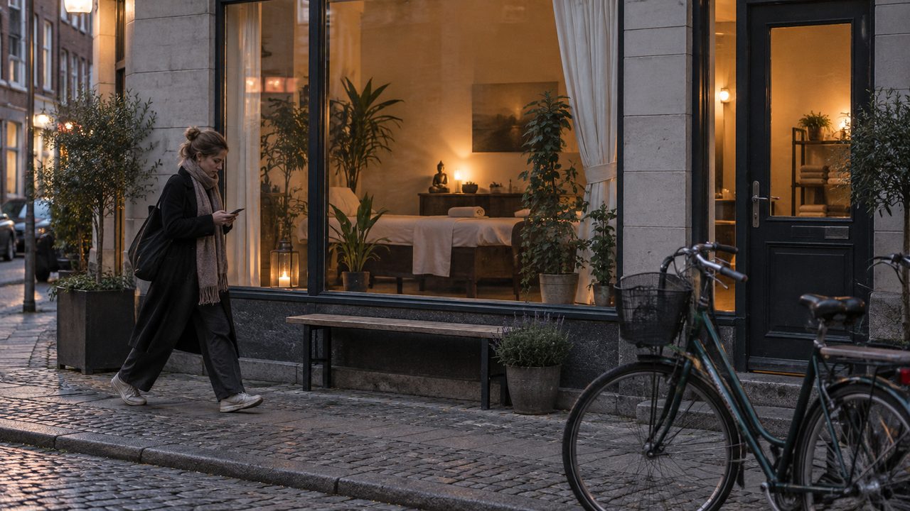 Kvinde går forbi en lokal massageklinik, som hun har fundet via klinikkens Google Virksomhedsprofil
