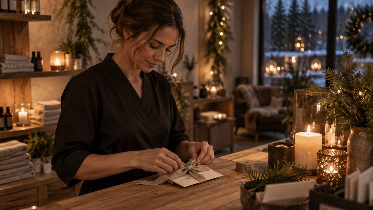 Medarbejder pakker et gavekort ind i en hyggelig spa i december som del af klinikkens julemarkedsføring