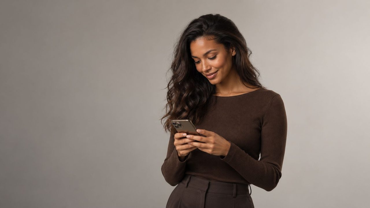 Kvinde smiler, mens hun kigger på sit digitale loyalitetskort på telefonen