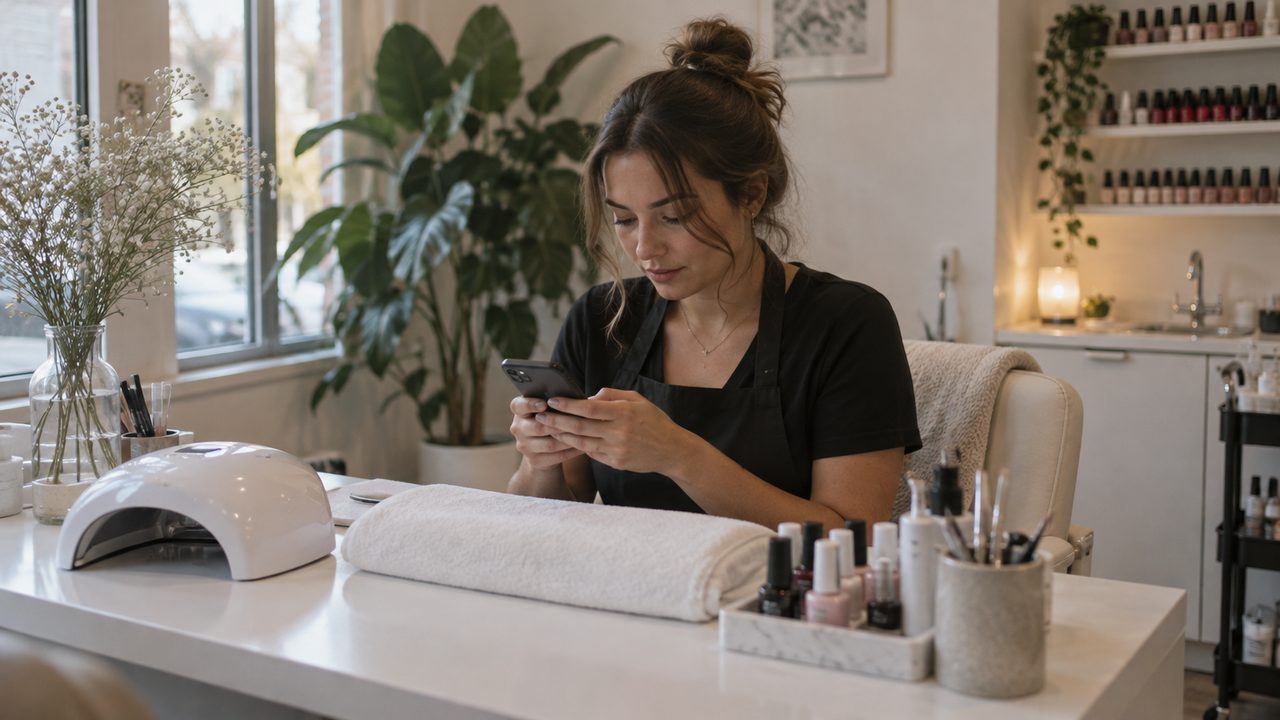 Negletekniker sender en besked fra klinikkens SMS-skabeloner til en kunde ved neglebordet
