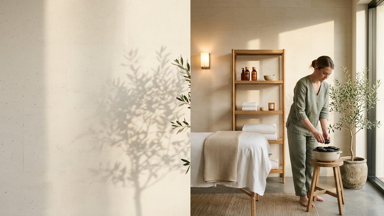 Massør gør varme sten klar ved massagebriksen i sin nye klinik